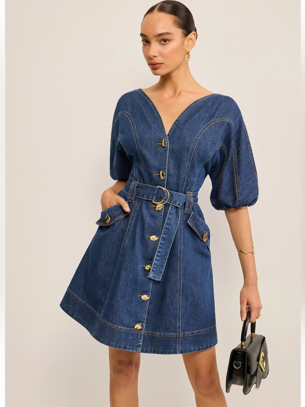 Commense Blue Denim Belted V-Neck Dress Medium